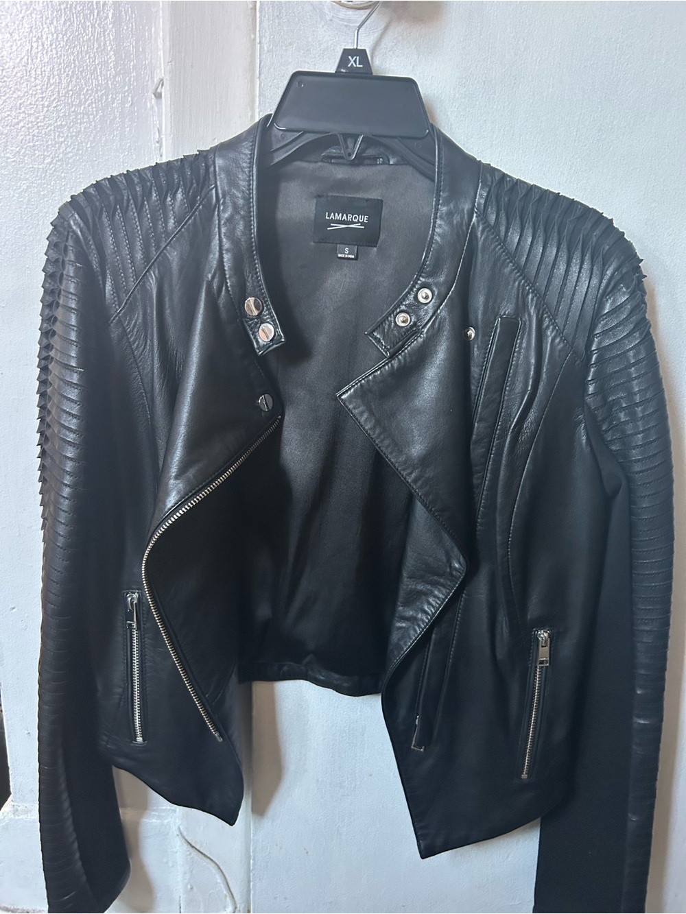 Lamarque Black Textured-Shoulder Leather Moto Jacket